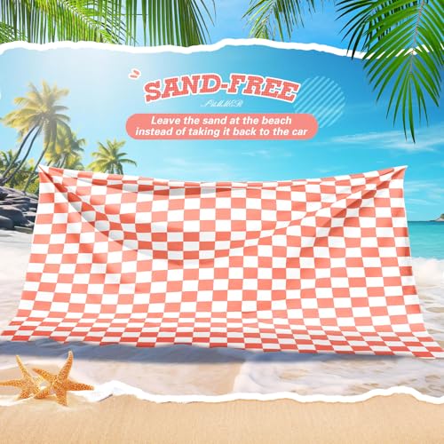 Peryiter Checkered Giant Beach Blanket 71 x 71 Inch Oversized Sandproof Towel Stripe Microfiber Quick Dry Lightweight Huge Blanket for Summer Hawaii Beach Travel Essentials Accessories(Coral Red) - color: Coral Red