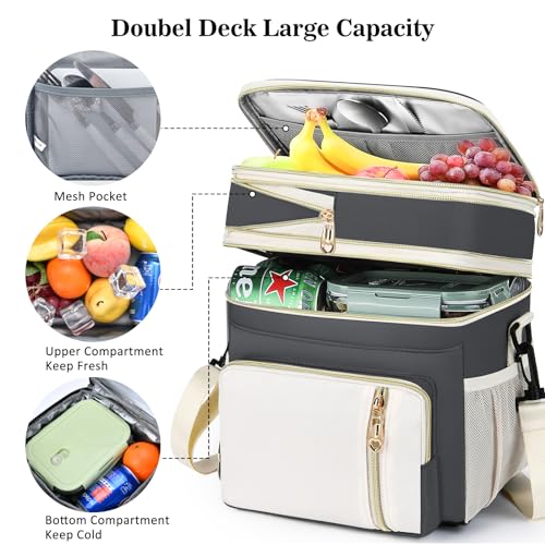 Lunch Box & Lunch Bag for Women Men, Large Insulated Adult Lunch Box Leakproof Lunchbox Cooler Bag for Work Picnic Beach,16L, Grey & White - color: Gray & White