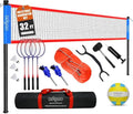 Zdgao Volleyball and Badminton Combo Set for Backyard - 20FT/32FT Volleyball/Badminton Net with Adjustable Height Pole,Anti-Sag System,Volley Ball, Badminton Racquets,Boundary Line and Carry Bag - color: Red & Blue, style: 32FT Volleyball/Badminton Net