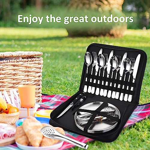 Camping Silverware Kit Cutlery Organizer Utensil Picnic Set Stainless Steel Plate Spoon Clip and Serrated Knife Wine Opener Fork Napkin Hiking - Camp Kitchen BBQ’s - color: Camping Silverware Set-24set