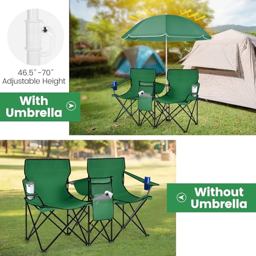 COSTWAY Double Portable Picnic Chairs, Folding Camping Chairs w/Detachable Umbrella, Cooler Bag, Cup Holders, Patio Beach Camping Chairs for Outdoors, Green - color: Green
