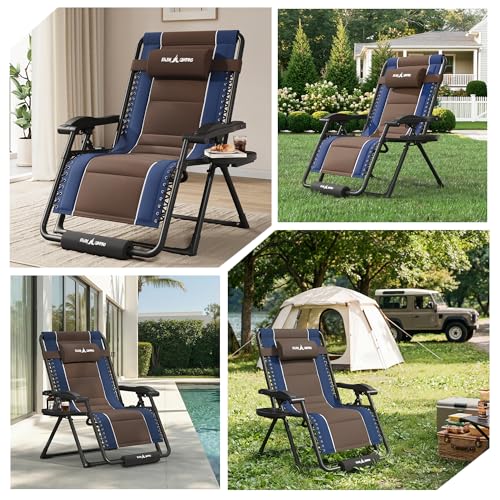 Amopatio Zero Gravity Reclining Patio Chairs Set of 2,XXL Foldable Lounge Chair with Removable Cup Holder/Headrest/Footrest,500LBS Capacity, Portable for Outdoor Patio Pool Backyard - color: Blue-brown, style: 33in-2pcs