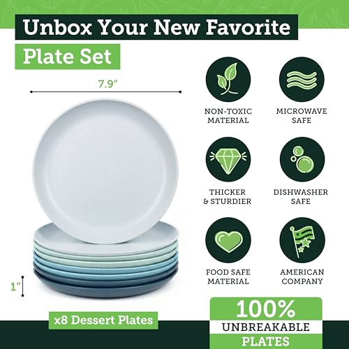 Grow Forward Premium Wheat Straw Plates - 8 Inch Reusable Hard Plastic Dinner Plates Set of 8 - Unbreakable Microwave Safe Plates for Dessert, Camping, RV, Outdoors, Patio, Kitchen Dishes - Seascape - color: Seascape, size: 8 inch