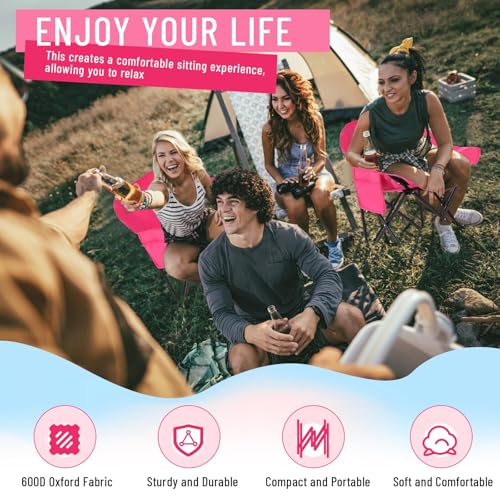 2 Pack Compact Camping Chairs Portable Folding for Outside with Carry Bag Lightweight Moon Chairs for Travel Picnic Hiking Beach Fishing, 600D Oxford, Supports 330lbs(Pink) - color: Pink