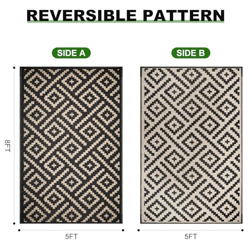 RURALITY Outdoor Rugs 5x8 Feet for Patios Clearance,Plastic Straw Waterproof Mats for Backyard,Porch,Deck,Balcony,Black&Beige - color: Cross-black&beige, size: 5' x 8' (Rectangular)