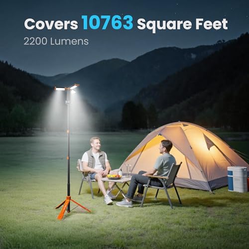 CAVN Rechargeable Camping Lights with Remote & Detachable Tripod Max Height 6.0 ft, Portable Work Light with 3 LED Lamp Heads, Camping Essentials Gear Emergency Flashlight with Hook, Orange - color: Orange