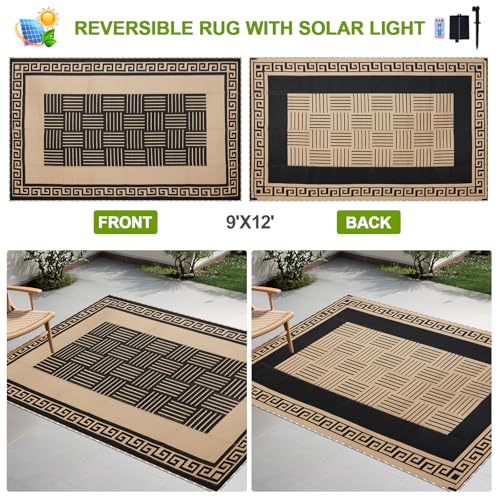 YONILE Solar LED Outdoor Rug 9x12 ft Waterproof for Patios Clearance,Reversible Outdoor Plastic Straw Rug, RV Mat Outside, Indoor Outdoor Carpet for Porch, Deck, Backyard, Balcony, Picnic - color: Black&coffee-striped With Light-2 in 1, size: 9x12ft