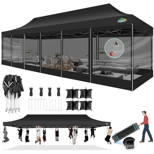 COBIZI 10x30 Pop Up Canopy with Sidewalls, Heavy Duty Canopy with Mosquito Netting, Easy up Screen Party Tents for Parties Backyard Outdoor Commercial Event Gazebo with Roller Bag, Sandbags, Black - color: Black, size: 10x30ft(standard)