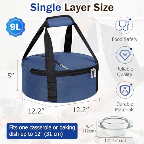 Round Insulated Casserole Carrier – 12" Portable Pie Carrier Bag for Hot or Cold Food, Leakproof Thermal Lunch Tote with Handle for Parties Picnic & Travel - Navy Blue - color: Navy Blue, size: Single
