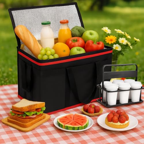 Bodaon XXXL Insulated Food Delivery Bag with Hard Bottom & 6-Cup Drink Carrier, Professional Pizza Delivery Bag for Commercial Catering, Thermal Frozen Grocery Bags, Heavy-Duty Hot Cold Carrier - color: Black-red Bag with Drink Carrier, size: 23" x 14" x