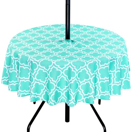 Poise3EHome Round Outdoor Tablecloth with Umbrella Hole and Zipper,Aqua Blue 70 Inch,Polyester SpillProof Washable Table Cloth for Spring Summer Patio Garden Poolside Picnic Camping BBQS - color: Aqua Blue, size: 70" (Round)