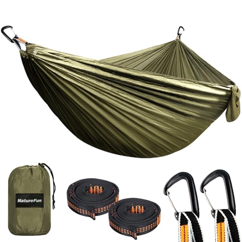 NATUREFUN Ultra-Light Travel Camping Hammock | 300kg Load Capacity,Breathable,Quick-Drying | 2 x Premium Carabiners,2 x Nylon Slings Included | Outdoor Indoor Garden - color: Army-green, size: 300x200cm