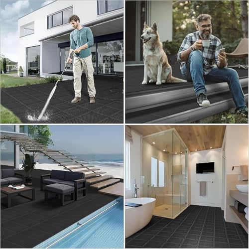 16 PCS Modular Interlocking Cushion Interlocking Floor Tiles with Hole Drainage Mat 10" x 10" Non Slip Pool Deck Mat Outdoor for Drain Deck Pool Patio Shower Kitchen Balcony (Black) - color: Black