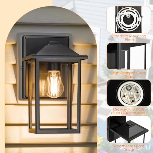 MATAMEYE Outdoor Wall Lantern, Exterior Waterproof Wall Sconce Lighting Fixture, Black Front Door Light with Glass, Anti-Rust Porch Lamp - color: Black, size: 10 inch