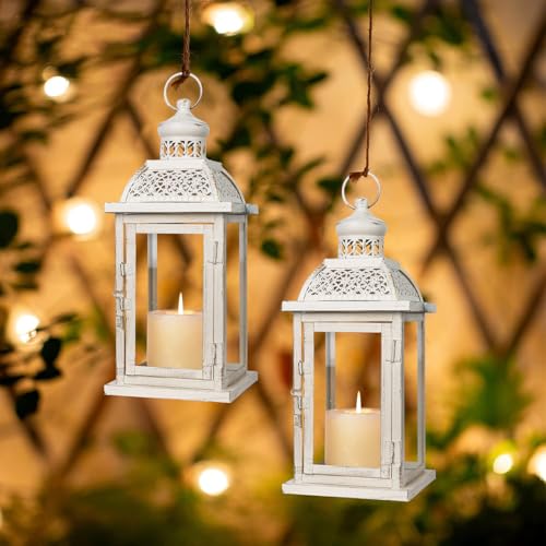 Lantern Decorative Indoor&Outdoor, 2 Pack 14.4'' Large Metal Candle Lanterns, Vintage Hanging Candle Holders for Farmhouse Wedding Front Porch Patio, Halloween Christmas Decorations for Home - color: Begie / 14.4’’h + 14.4''h