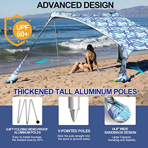 Buheco Beach Tent Pop Up Shade 10x10ft Beach Canopy Sun Shelter UPF50+ with 4 Foldable Poles-Portable Carrying Bag-Sand Shovel-Ground Pegs-Windproof Ropes for Outdoor Family Camping-Fishing- Picnic - color: Navy Fronds, size: 10x10FT 4 Pole