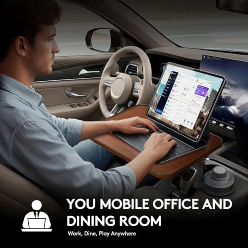 Car Tray Table & Car Laptop Desk, Height-Adjustable 360° Rotating Wood Car Laptop Mount, Steering Wheel Tray, Cup Holder Table,Compatible with Tesla & Most Vehicles Walnut