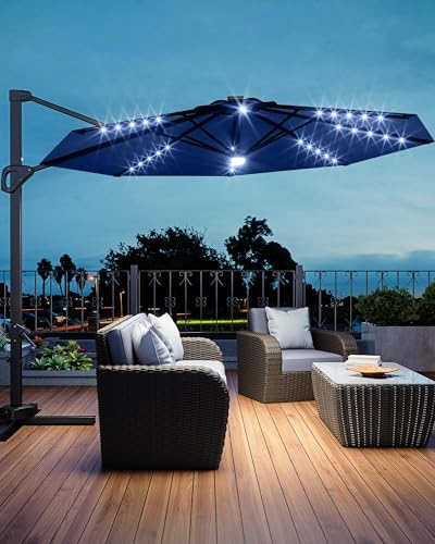 9ft Outdoor Patio Umbrella Heavy Duty 8 Ribs, Waterproof UV Protection Sun Shade with Crank Lift & Push Button Tilt, Outdoor Umbrella for Deck, Pool, Garden, Backyard, Lawn - color: Navy Blue&Round-Lights, size: 10FT Roman