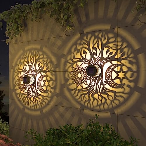 gardencave 2 Pack Solar Fence Lights Metal Solar Powered Outdoor Wall Deck Step Lights Tree Theme Waterproof Fence Light for Garden Post Patio Backyard Yard Decor (Tree, 2 Pack) - color: Tree, size: 2 Pack