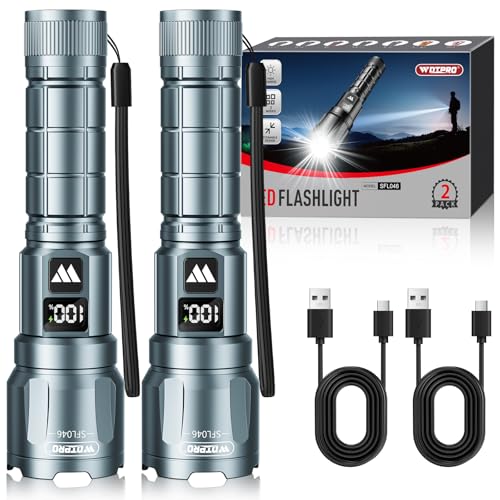 WdtPro LED Rechargeable Flashlight 2 Pack, 3 Modes Super Bright High Lumens Flashlights, Zoomable Tactical Flash Light with LCD Display, IP65 Waterproof Flashlights for Home Emergency Camping - Grey - color: Gray