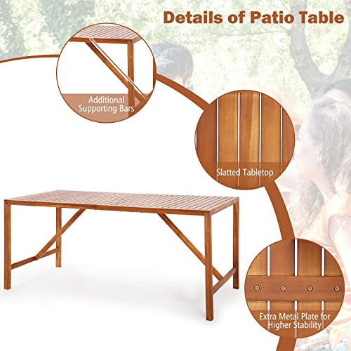 Tangkula 67" Acacia Wood Outdoor Dining Table for 6, Rectangle 6-Person Patio Table with 2" Umbrella Hole & Spacious Slatted Tabletop, Indoor Outdoor Dining Furniture for Deck, Garden, Poolside & Yard - size: 67"