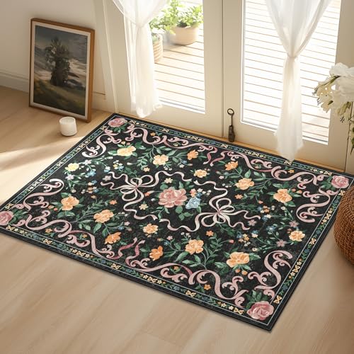 Black Rug Bow Floral Rug for Girls, 2x3 Washable Small Area Rug for for Entryway, Kitchen, Front Door Indoor Entrance, Non Slip Carpet for Bathroom Bedroom Living Room - color: Aa#black(bow Floral), size: 2' x 3' (Rectangular)