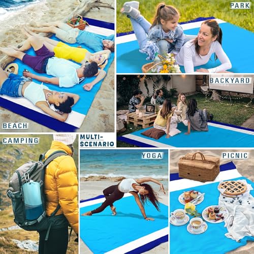 Beach Blanket 78''×110'' Suits 1-7 Adults Waterproof Sandproof Oversized Lightweight Blanket Packable Large Picnic Mat for Beach Travel Camping Picnic Hiking - color: Blue White, size: 78''x110''