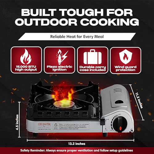 Chef Master 15,000 BTU Butane Portable Camp Stove | Double Wind-Guard Portable Stove Burner w/Piezo Click Ignition for Emergencies, Tailgating, Hiking, Backpacking & Camping Essentials - 90019 - size: StoveOnly