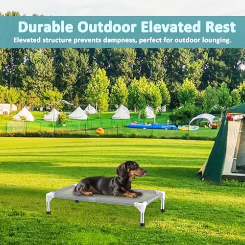 Elevated Dog Bed with Teslin Cooling Fabric - Lightweight Dog Cot for Small/Medium Dogs, Waterproof & Washable Breathable Mesh, Raised Pet Bed for Indoor Outdoor Use, Anti-Slip, Easy to Clean - size: (M-)-Gray