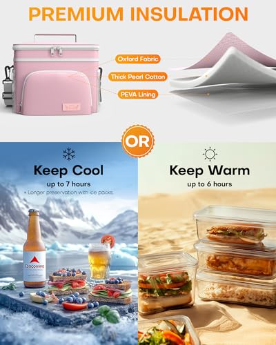 HOTOR Insulated Lunch Box for Men & Women - Leak-Proof Cooler Lunch Bag with 4 Pockets, Adjustable Strap, Ideal for Work, Picnic, Travel - Medium, Light Pink, 10.2"×6.9"×8.5" - color: Light Pink, size: 9l - 1 Tier
