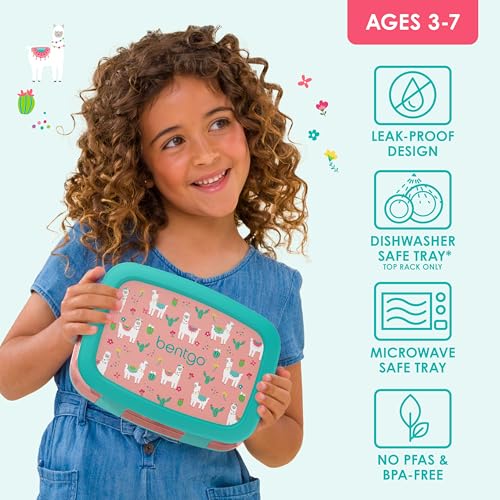 Bentgo Kids Prints Leak-Proof, 5-Compartment Bento-Style Kids Lunch Box - Ideal Portion Sizes for Ages 3-7, Durable, Drop-Proof, Dishwasher Safe, & PFAS & BPA-Free Materials (Llamas) - color: Llamas