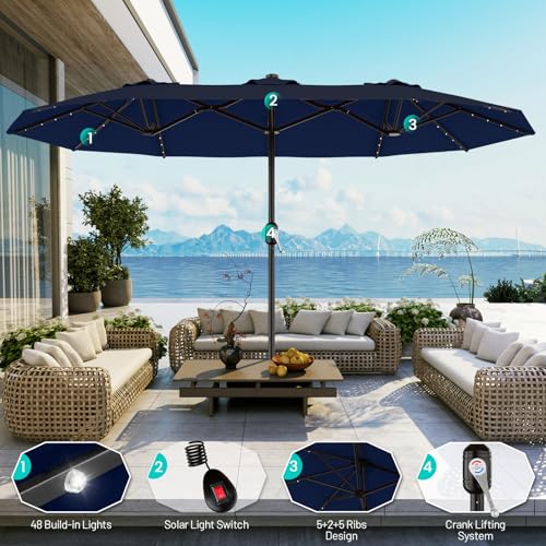 AreShark 13 FT Patio Umbrella with Solar Lights, Double-Sided Outdoor Table Umbrellas with Crank, Large Rectangular Market Umbrella for Porch, Lawn, Pool, Backyard, Navy - color: Navy, size: 6.5x13 Ft