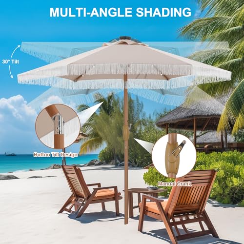 GDY 7.5ft Tassel Patio Umbrella and Matching Base, Outdoor Table Umbrella with 18 LED Lights,Market Umbrella with 6 Sturdy Ribs, with Push Button Tilt and Crank, Camel - color: Camel+18 Lights, size: Umbrella+Base