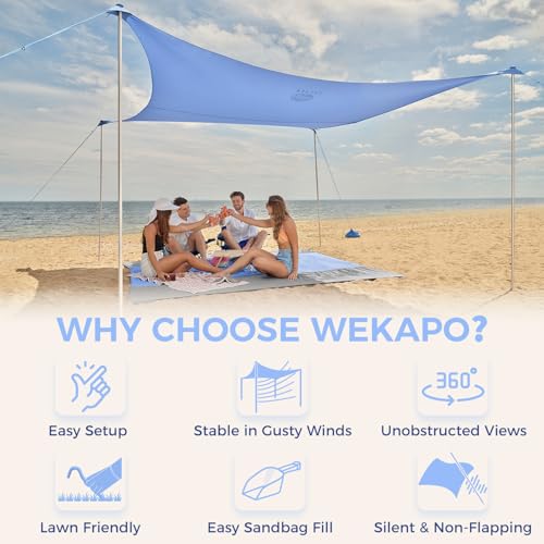 WEKAPO Beach Tent Sun Shelter - Easy Setup Beach Canopy with 4 Sturdy Poles, Large Sandbags and Shovel, 6'7'' Tall, Windproof Sun Shade for Backyard and Camping, UPF 50+ Protection - color: Periwinkle Blue, size: 8x8 FT 4 Pole