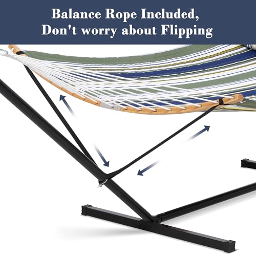 SUNCREAT Hammocks for Outside with Stand Included, Double Hammock with Curved Spreader Bar, Carrying Bag, Dark Green Stripes - color: Dark Green Stripes