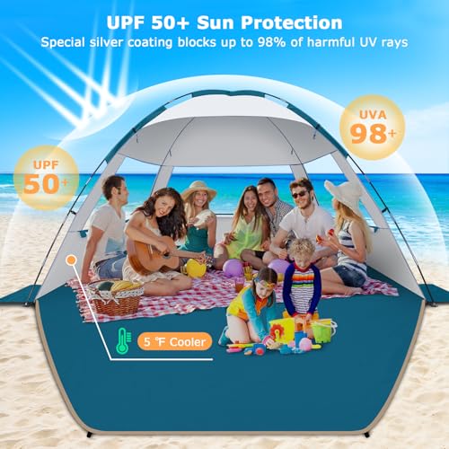 COMMOUDS Beach Tent Sun Shade for 3/4/6/8 Person, UPF 50+ Beach Sun Shelter Canopy Tent, Lightweight, Easy Set Up and Carry - color: Silver, size: 8 Person