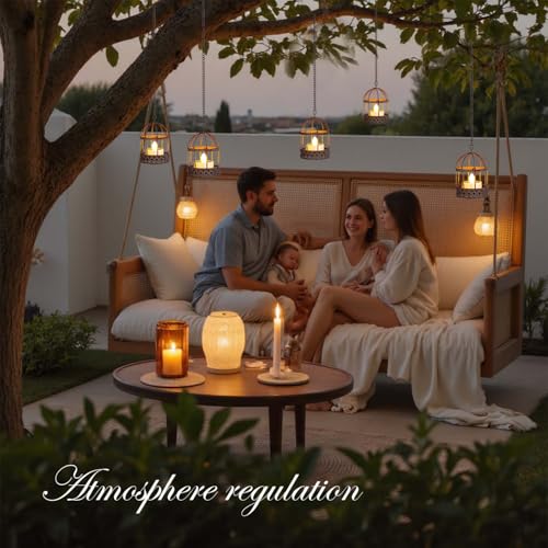 Solar-Hanging-Lanterns-Outdoor-Waterproof, Rust Birdcage Style Candle Holders with Flickering Solar Tea Lights for Backyard Patio Garden Fence Tree Decoration (3)