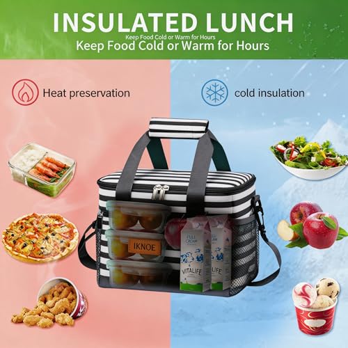 iknoe Insulated Lunch Bag, Foldable 8.5L Cooler Bag for Men & Women, Leakproof Thermal Design, Great for Office, Picnic, Travel, Lunch Box, Stripe - color: Stripes, size: Medium