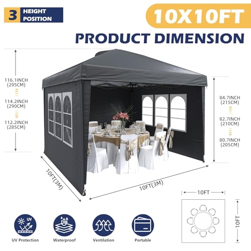 EROMMY 10x10 Heavy Duty Pop Up Canopy Tent with 4 Removable Sidewalls, Waterproof UV50+ Gazebo with Mosquito Netting, Easy Setup Instant Shelter for Backyard, Party, Wedding & Commercial Use, Black - color: Black, size: 10’x 10’