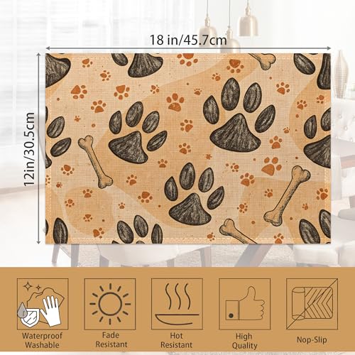Dog Paws Placemats Set of 6,Bones Table Mates Non-Slip Heat Resistant Washable Linen Place Mats for Party Kitchen Dining Decoration Indoor Outdoor 12"x18" - color: Dog Paws,bones
