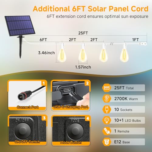 25FT Solar String Lights with Remote, 3 Lighting Mode Outdoor Waterproof Dimmable Patio Lights String with 10+1 Shatterproof S11 LED Bulbs for Backyard-White - color: White