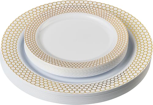 PLASTICPRO 32 Pack Elegant Disposable Plastic Plates Combo Set Includes 16 Dinner Plates and 16 Salad Plates Heavy Duty Fancy Party Plates White & Gold Honeycomb Design - color: White & Gold Honeycomb