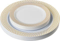 PLASTICPRO 32 Pack Elegant Disposable Plastic Plates Combo Set Includes 16 Dinner Plates and 16 Salad Plates Heavy Duty Fancy Party Plates White & Gold Honeycomb Design - color: White & Gold Honeycomb