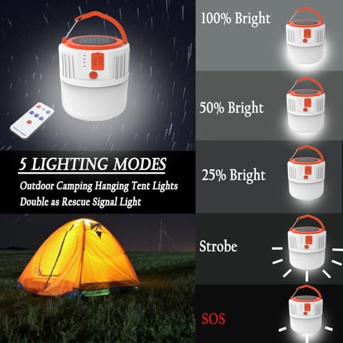 [100W 5000Mah] Solar Camping Lights Portable Rechargeable Lantern Hooked Hanging Tent Lamp Remote Battery Bulbs Outdoor 5000mah 5 Modes Waterproof for Power Outages Canopy Gathering Emergency 2 Pack - color: 2 Pack-orange-5000mah-with Remote Control