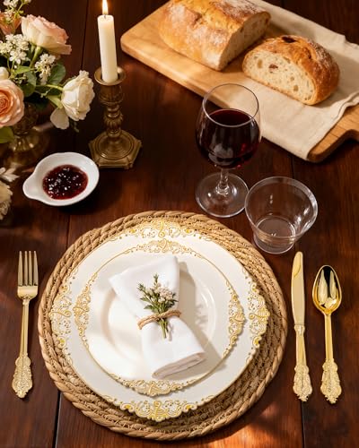 Nervure 350PCS Ivory Plastic Plates - Ivory Gold Plastic Dinnerware Sets for 50 Guests - 100 Gold Disposable Plates, 50 Pre Rolled Silverware Sets, 50 Cups Perfect for Wedding & Party & Mothers Day - color: Ivory and Gold