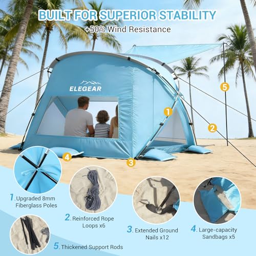 Elegear Beach Tent Sun Shelter with Canopy, CumbreX™ 4-6 Person Pop Up Beach Tent, Easy Setup UPF 50+ UV Protection Portable Lightweight Waterproof Cooler Family Beach Cabana Sun Shade Shelter - Blue - color: Blue