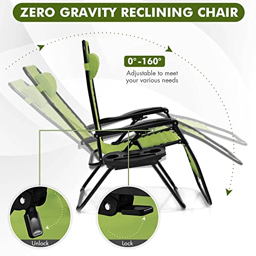Giantex 2 PCS Zero Gravity Chair, Outdoor Chaise Lounge with Cup Holder, Patio Folding Chairs Recliner for Yard Pool Lawn Balcony - color: Green, size: 1 Count (Pack of 2)