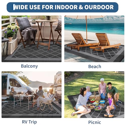 Garvee Outdoor Patio Rug 9x18 Waterproof Reversible Mat Boho Modern Trellis Outdoor Plastic Straw Rug with 4 Stakes Portable Area Rug for Camping Porch Deck Rv Balcony Backyard Beach, Black&Grey - color: Geometric|black&grey, size: 9' x 18' (Rectangular)