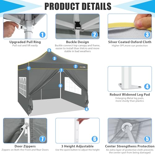 HOTEEL Pop Up Canopy Tent 10x10 with Sidewalls, Commercial Instant Waterproof Canopy for Vender Patio, UV 50+ with Silver Coated, Upgraded Thickened Hexagonal Legs, Gray - color: Gray, size: 10x10FT (+4 Walls)
