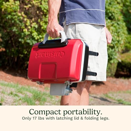 Cuisinart Petite Gourmet Portable Gas Grill, Compact Portable Grill Propane, 150 Sq. In. Cooking Surface, 5,500 BTU Burner Small Gas Grills for Camping, BBQ, Folding Legs and Carry Handles, Red - color: Petit Gourmet Tabletop Gas Grill, Red